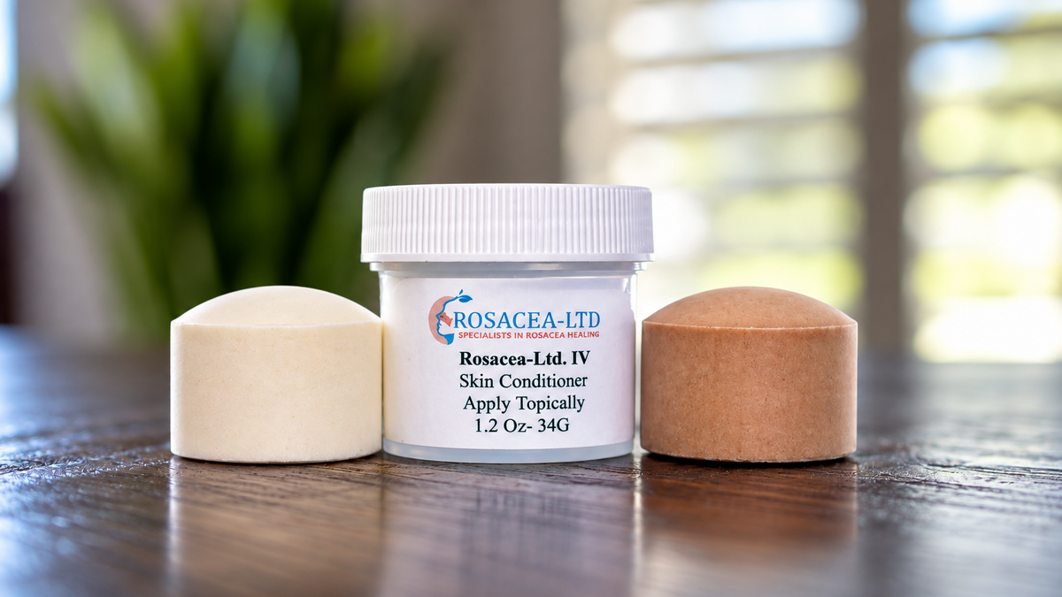 Rosacea-Ltd IV white and brown mineral discs beside their labeled skin conditioner container on a wooden surface.