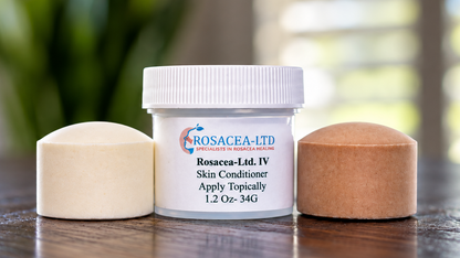 Rosacea-Ltd IV white and brown mineral discs beside their labeled skin conditioner container on a wooden surface.