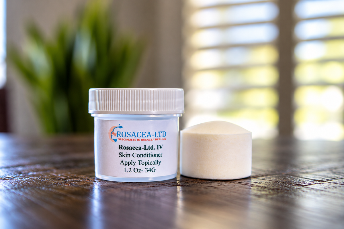 White ROSACEA-LTD mineral disc beside its labeled skin conditioner jar on a wooden surface.
