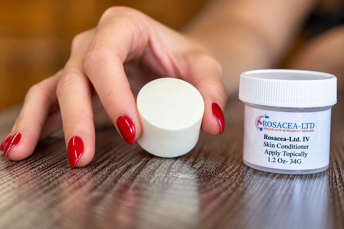 Hand holding a white ROSACEA-LTD mineral disc beside its labeled skin conditioner jar.
