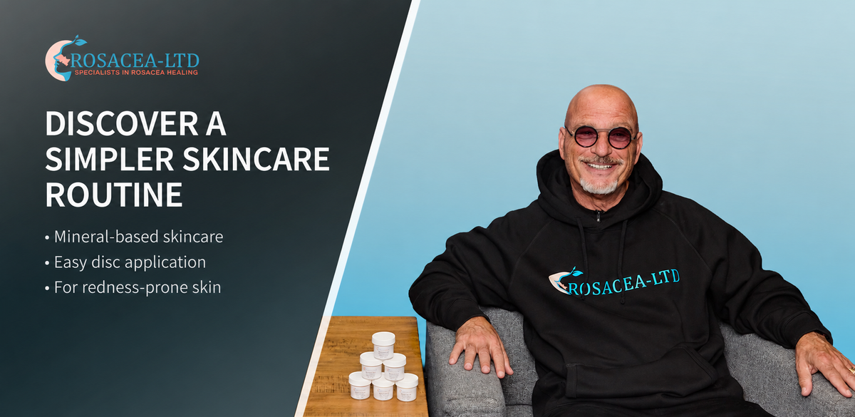 Load video: Howie Mandel sits beside Rosacea-LTD product jars in a promotional graphic for its patented mineral disc. The graphic reads “Start Seeing Results Today” and lists no negative side effects, 25+ years of research, and easy application.