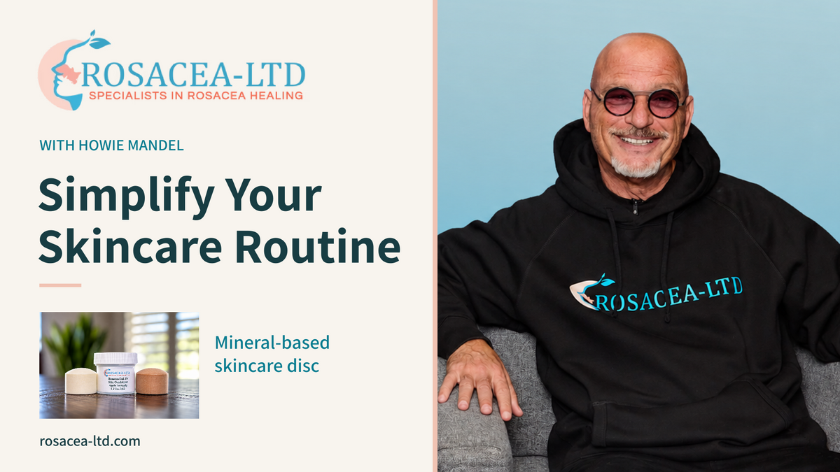 Load video: Howie Mandel TV personality in a blue ROSACEA-LTD hoodie talks about ROSACEALTD skincare disc products. A circular inset shows a woman applying ROSACEA-LTD to her face.